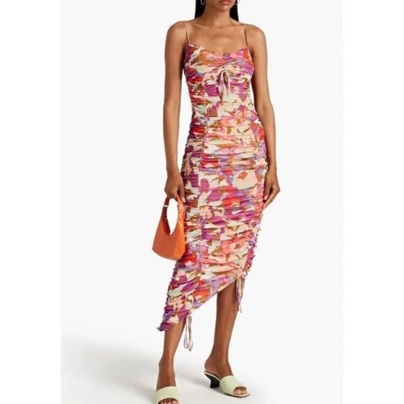 NWT Nicholas Maisie Midi Ruched Stretch Mesh Dress Pink - Size US 4 - Picture 1 of 8